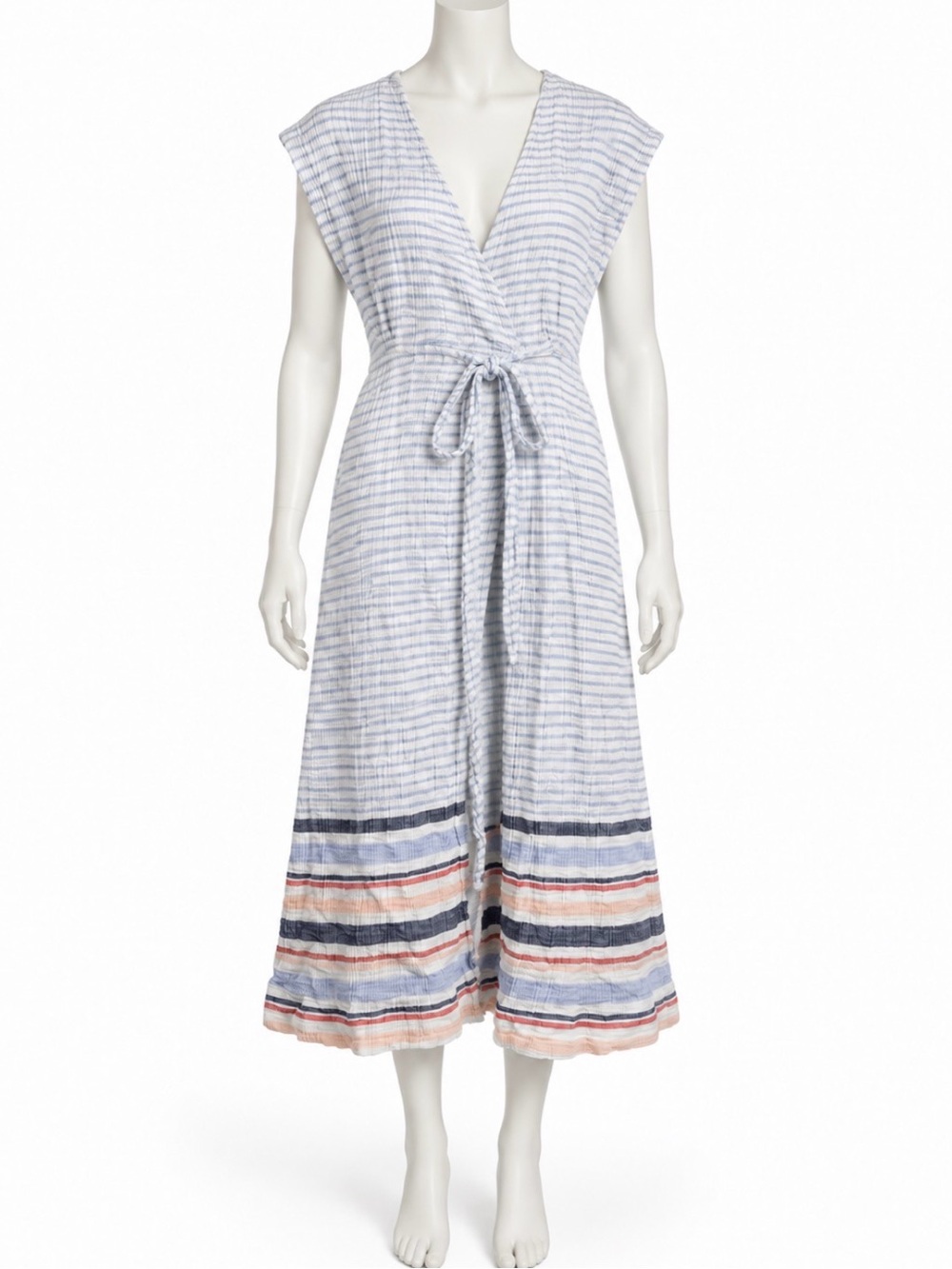 Marine Layer Maddie Wrap Dress M Blue Multi Stripe Cotton